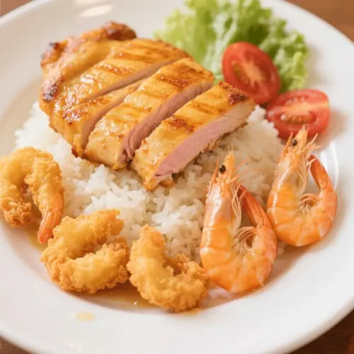 香煎雞扒炸蝦飯